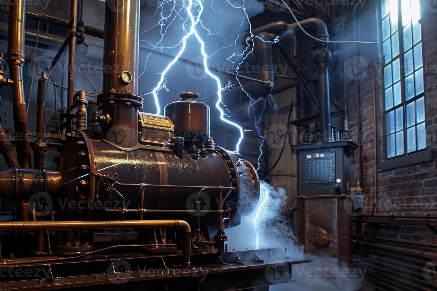 Lightning striking industrial steam engine in factory setting photo