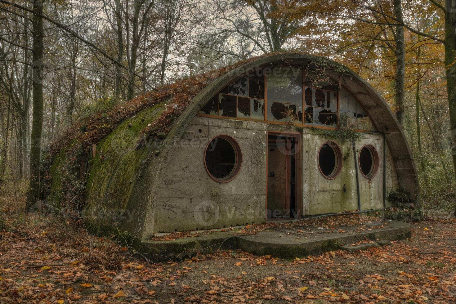Abandoned nissen hut overgrown with vegetation in autumn forest photo
