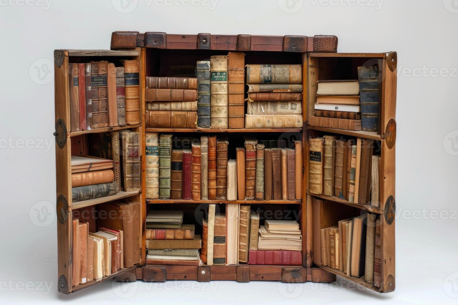 Antique wooden bookcase displaying vintage books and literature collection photo
