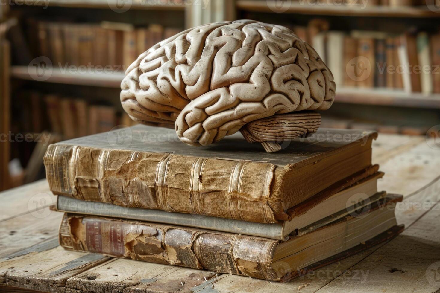 Brain model resting on stack of antique books in library setting photo