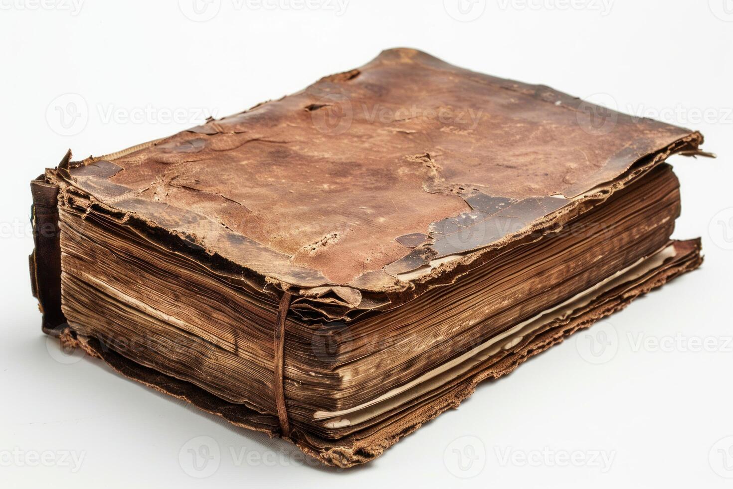 Antique book showing deteriorating leather cover and aged paper photo