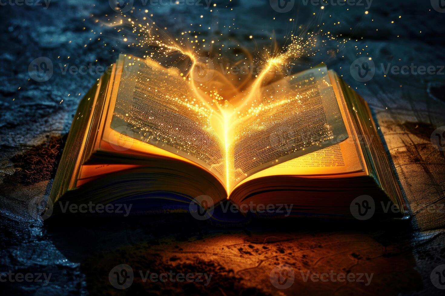 Open book emitting golden light and magical particles in a dark environment photo