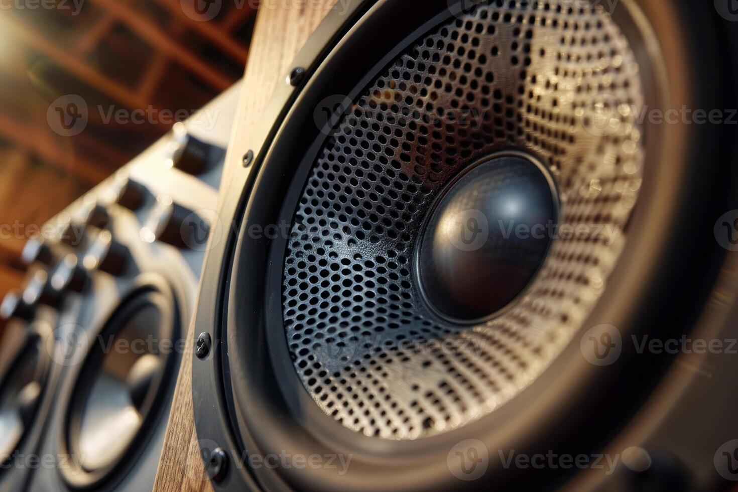 Professional monitor speaker close up showing audio details in recording studio photo