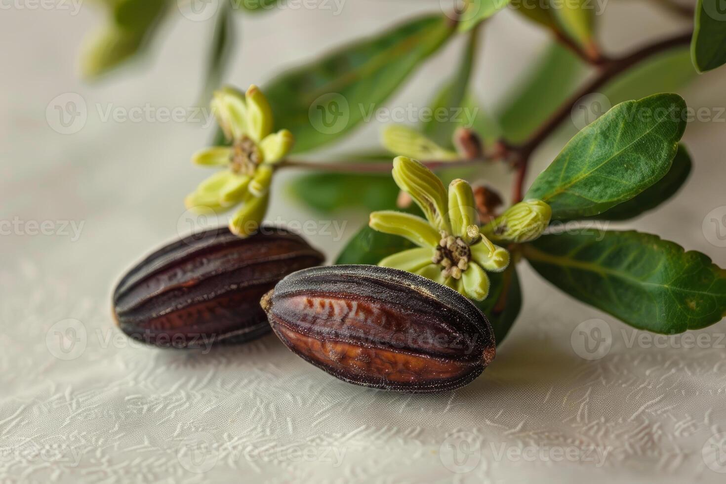 Jatropha curcas seeds showing on white background with flowers and leaves photo