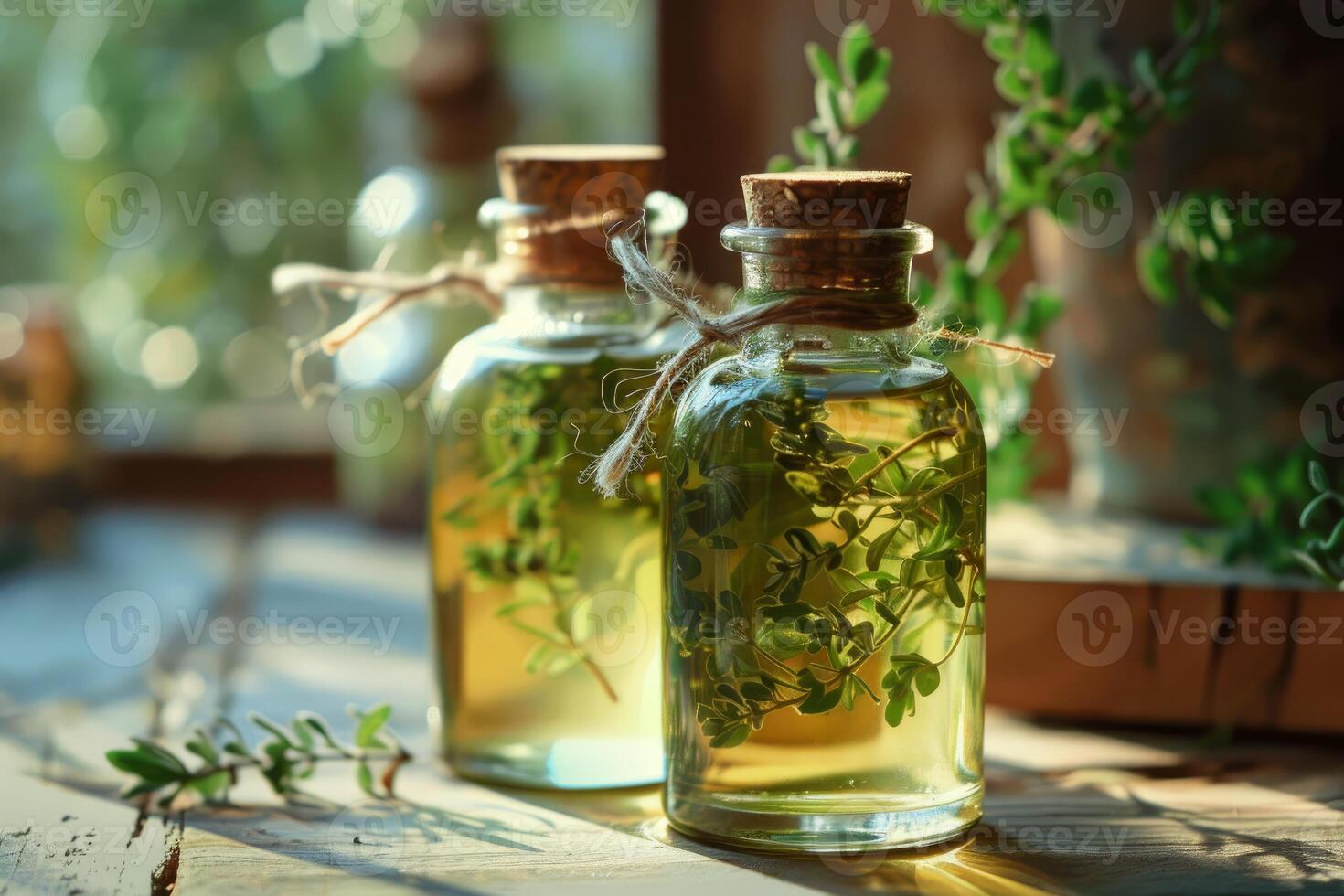 Thyme essential oil infusing in glass bottles on wooden table photo