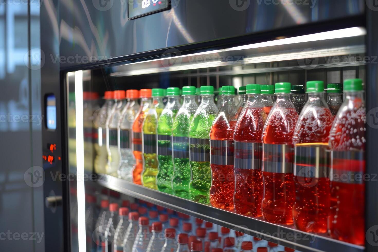 Colorful carbonated drinks waiting in modern vending machine photo