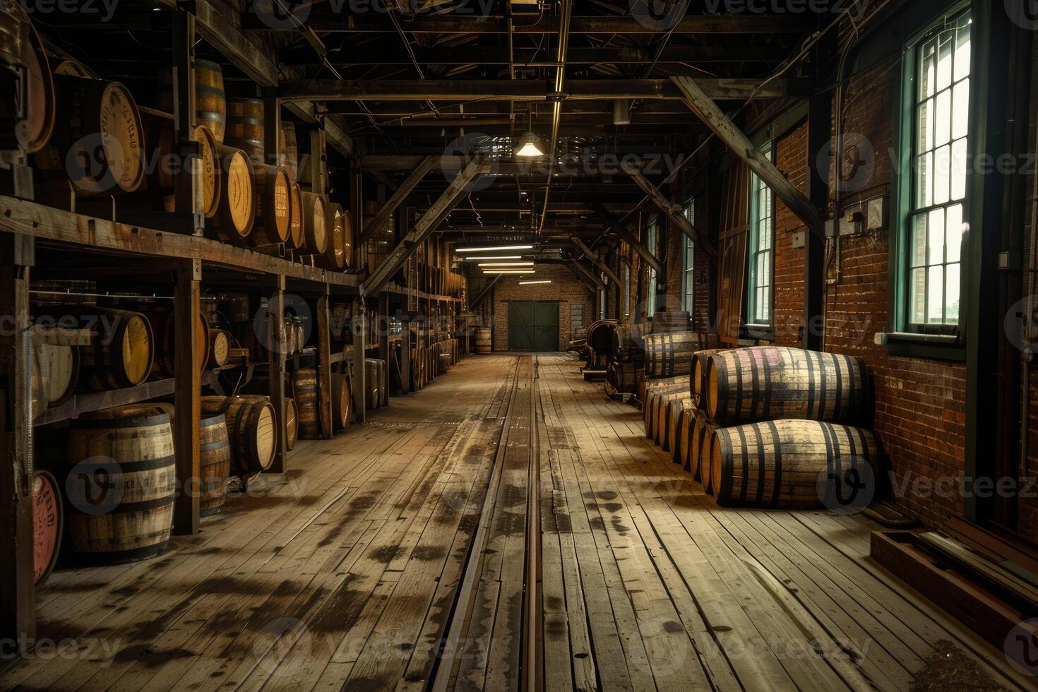 Oak barrels aging in a distillery warehouse photo