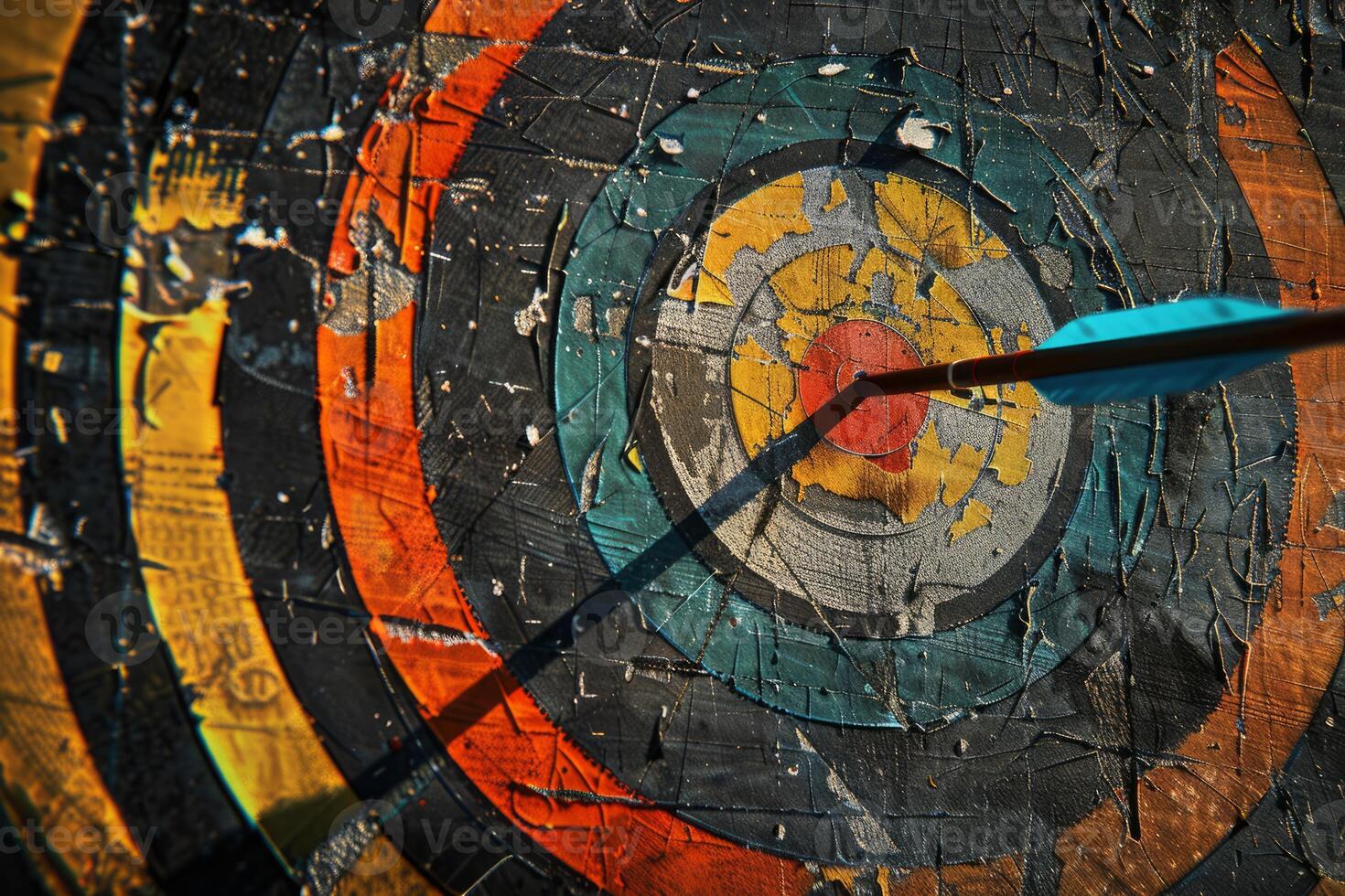 Achieving goal, arrow hitting center of target on weathered archery board photo
