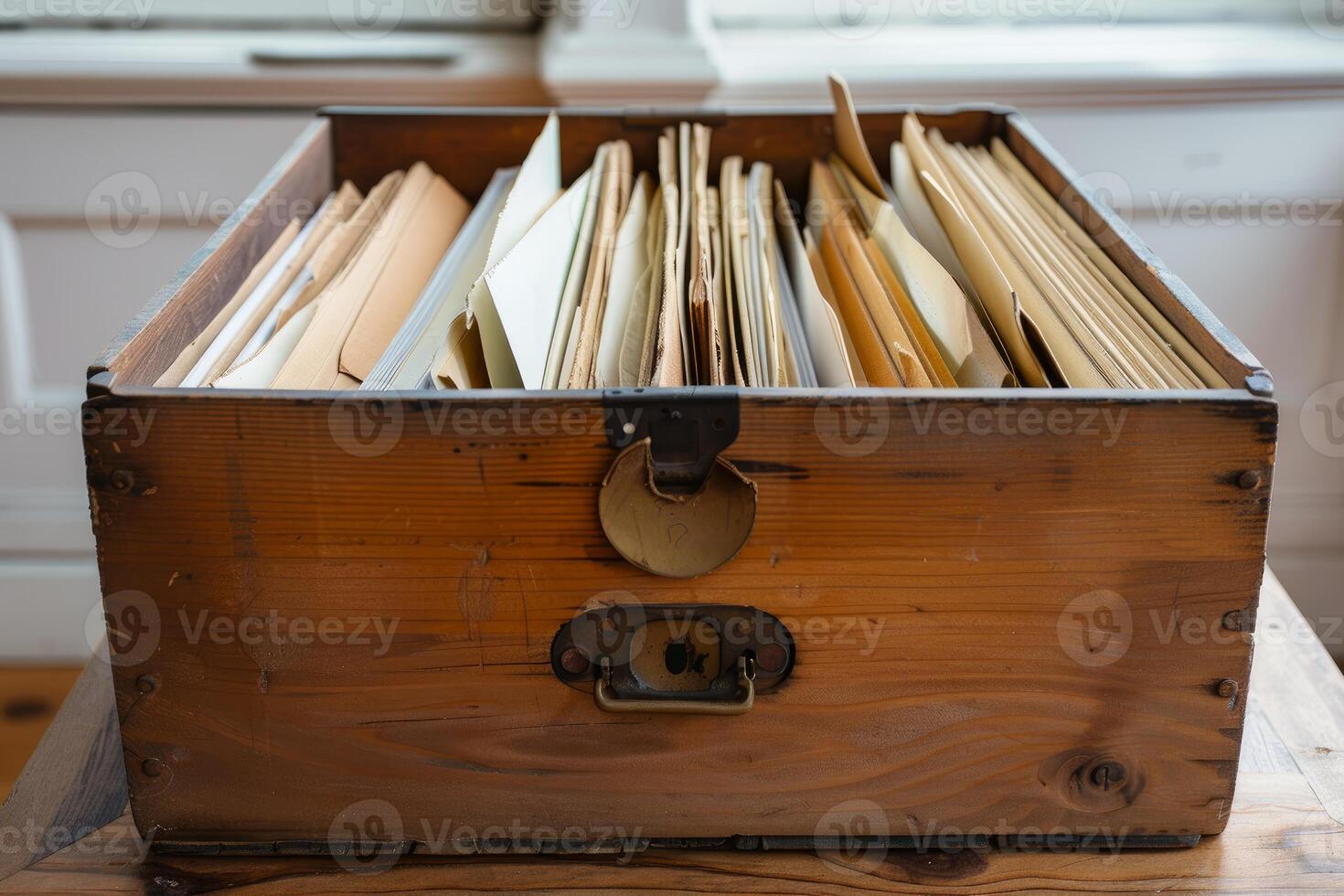 Wooden box containing old files and documents representing bureaucracy and history photo