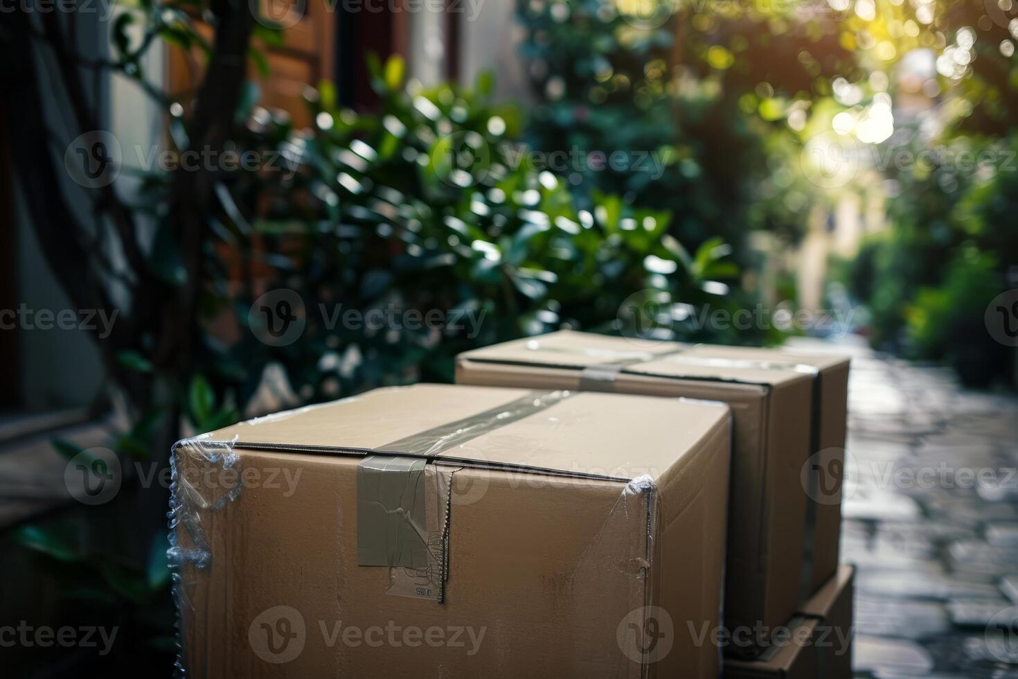 Cardboard boxes waiting for delivery in front of a house photo