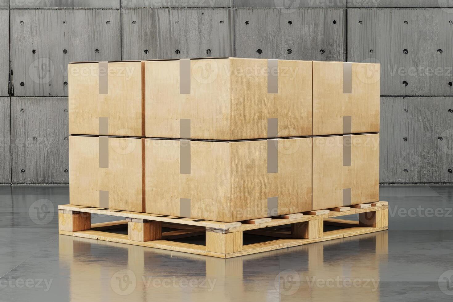 Stacked cardboard boxes on wooden pallet in warehouse photo