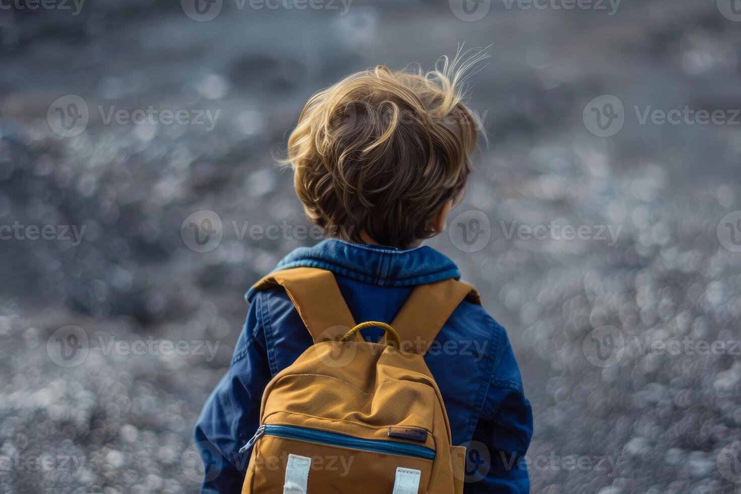 Young pupil walking away carrying backpack on blurred background photo