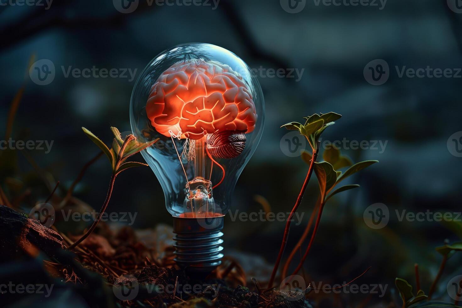 Glowing brain inside light bulb symbolizing innovation and ideas photo