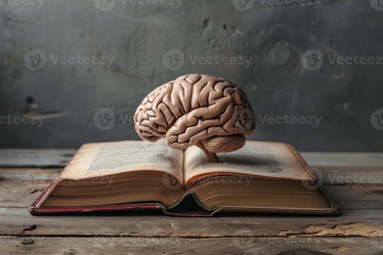 Human brain resting on open book symbolizing knowledge and learning photo