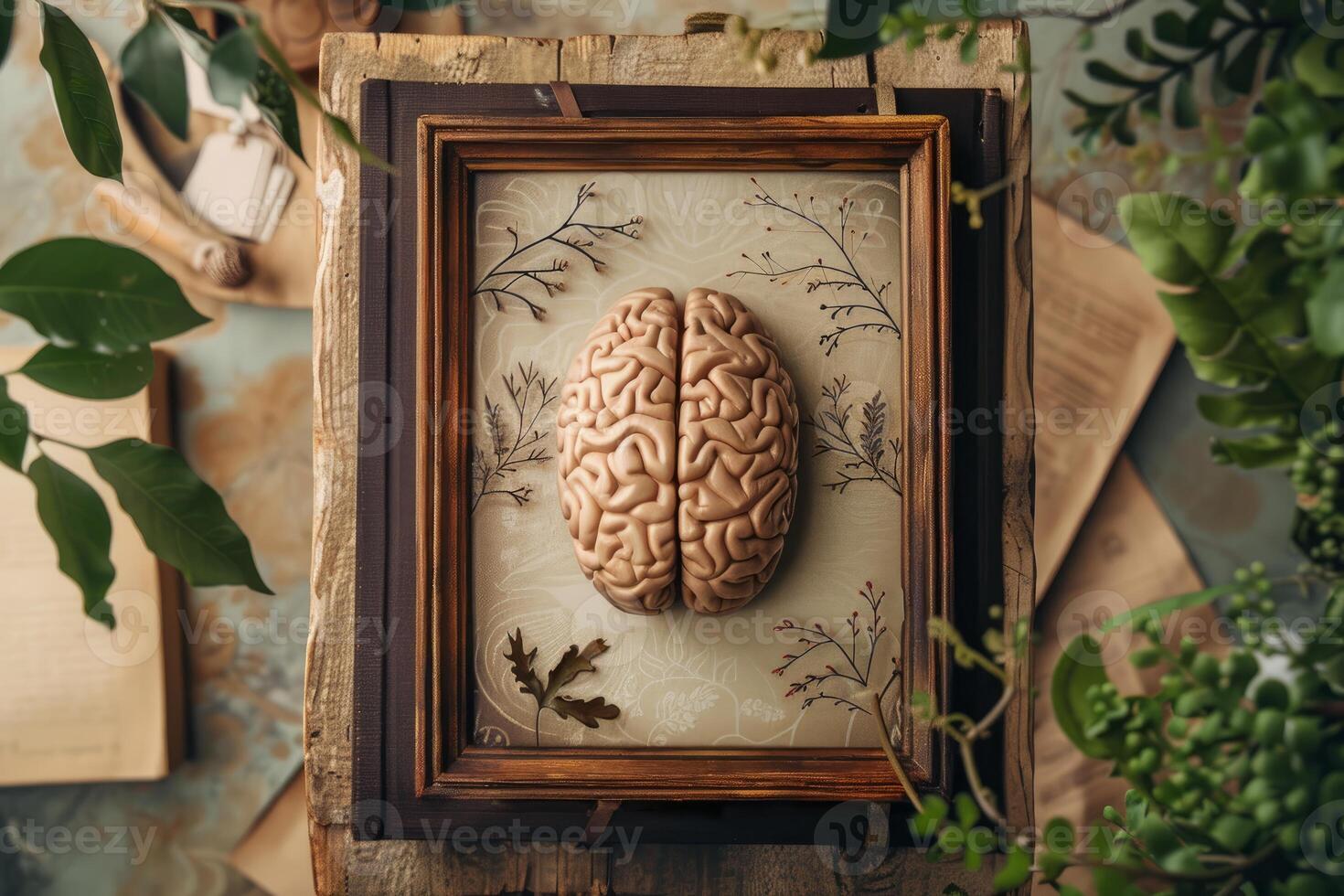 Model human brain framed with dried plants symbolizing nature and knowledge photo