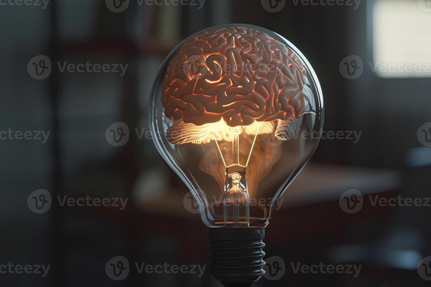 Bright idea, human brain glowing inside light bulb illuminating dark room photo