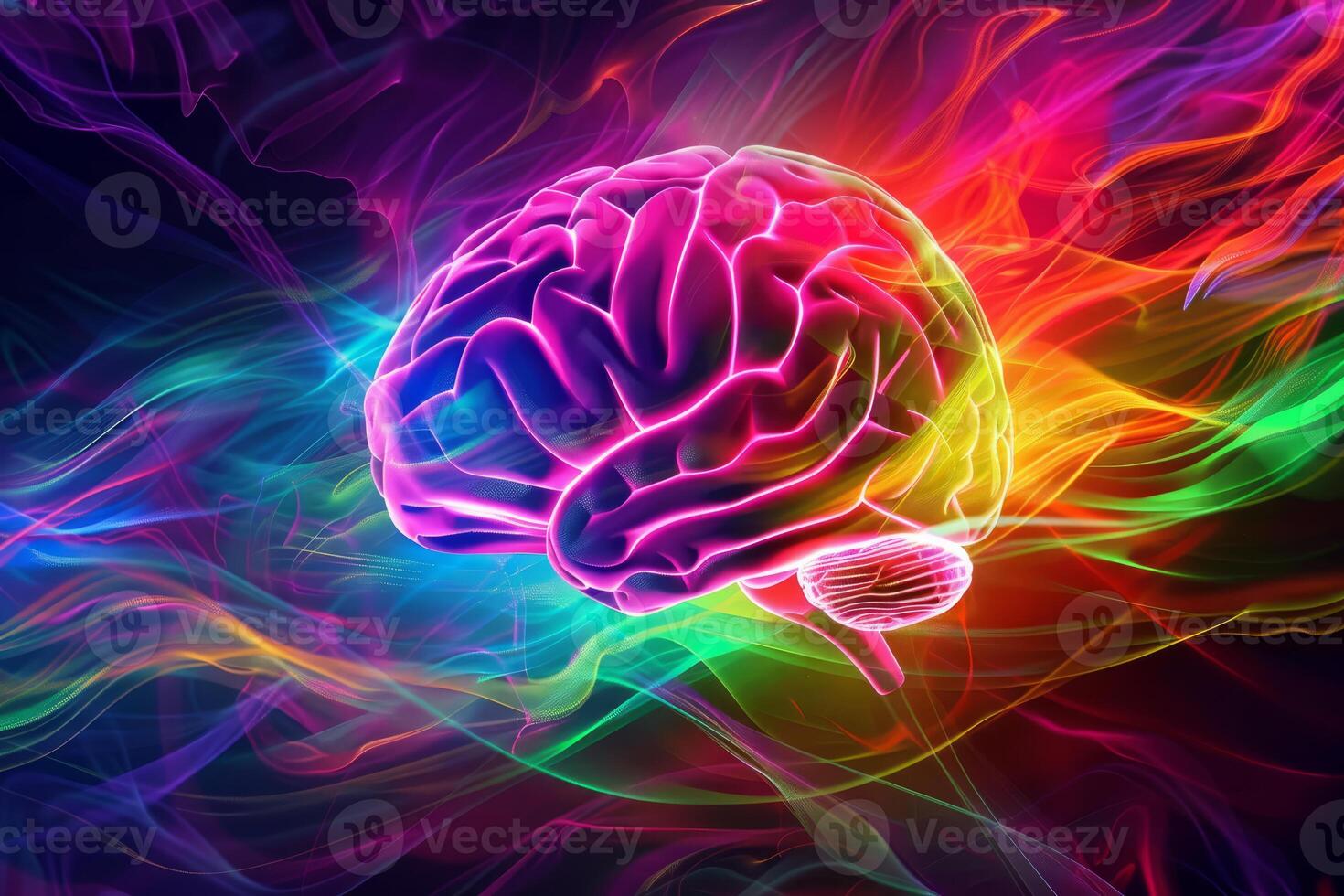 Human brain glowing with colorful energy waves, creativity and imagination unleashed photo