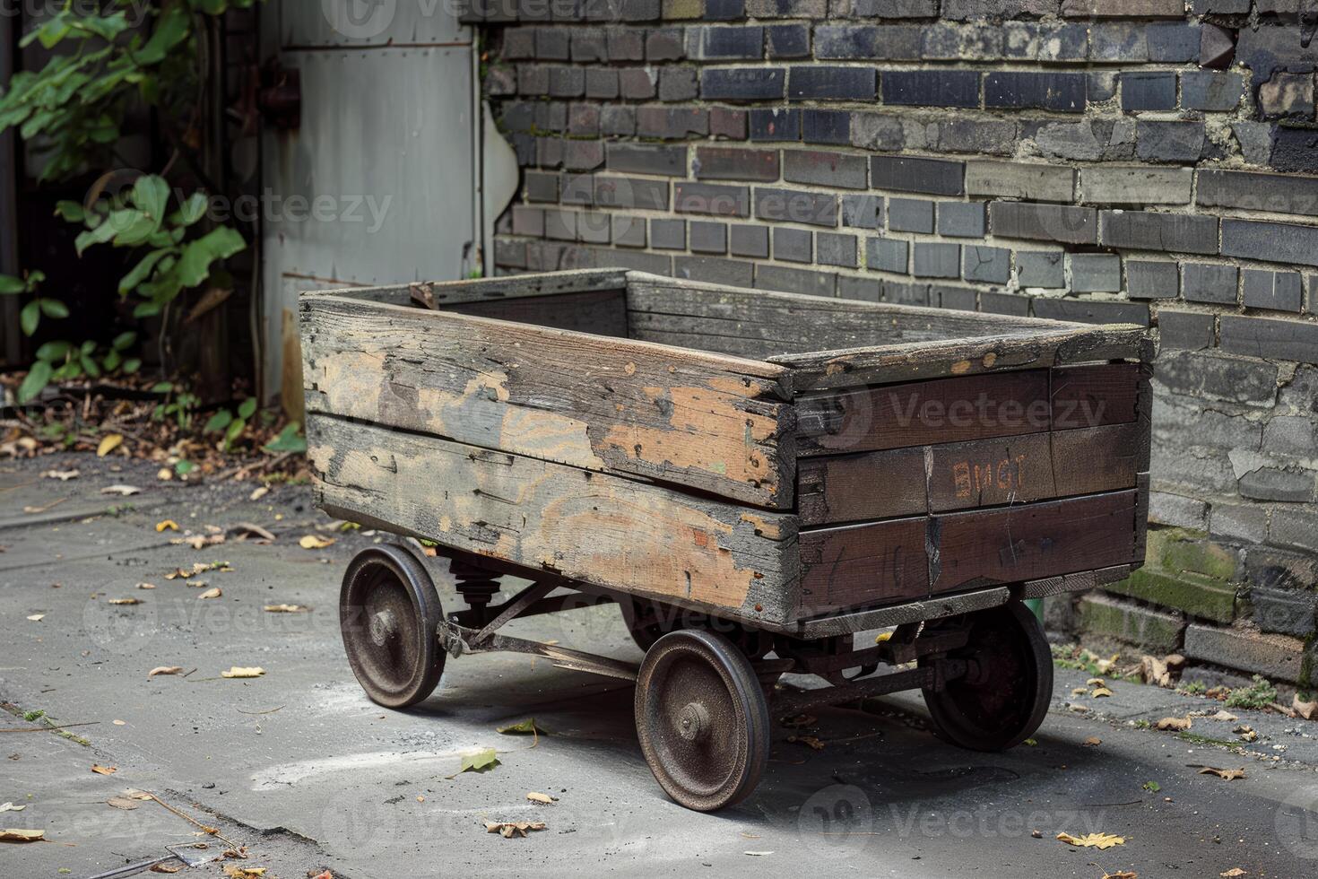 Old weathered wooden mining cart resting near brick wall photo
