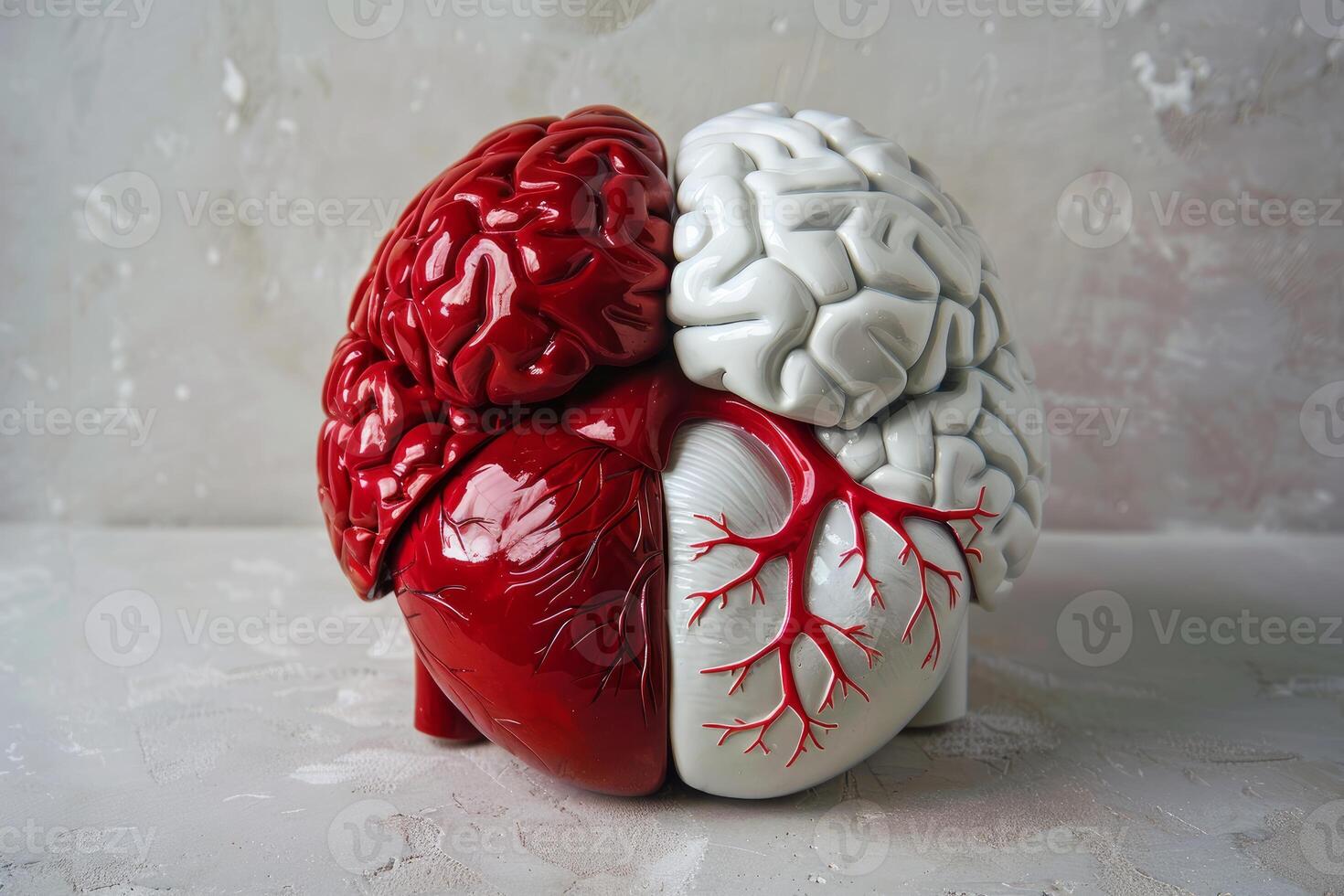 Anatomical model of brain and heart showing arteries and veins photo
