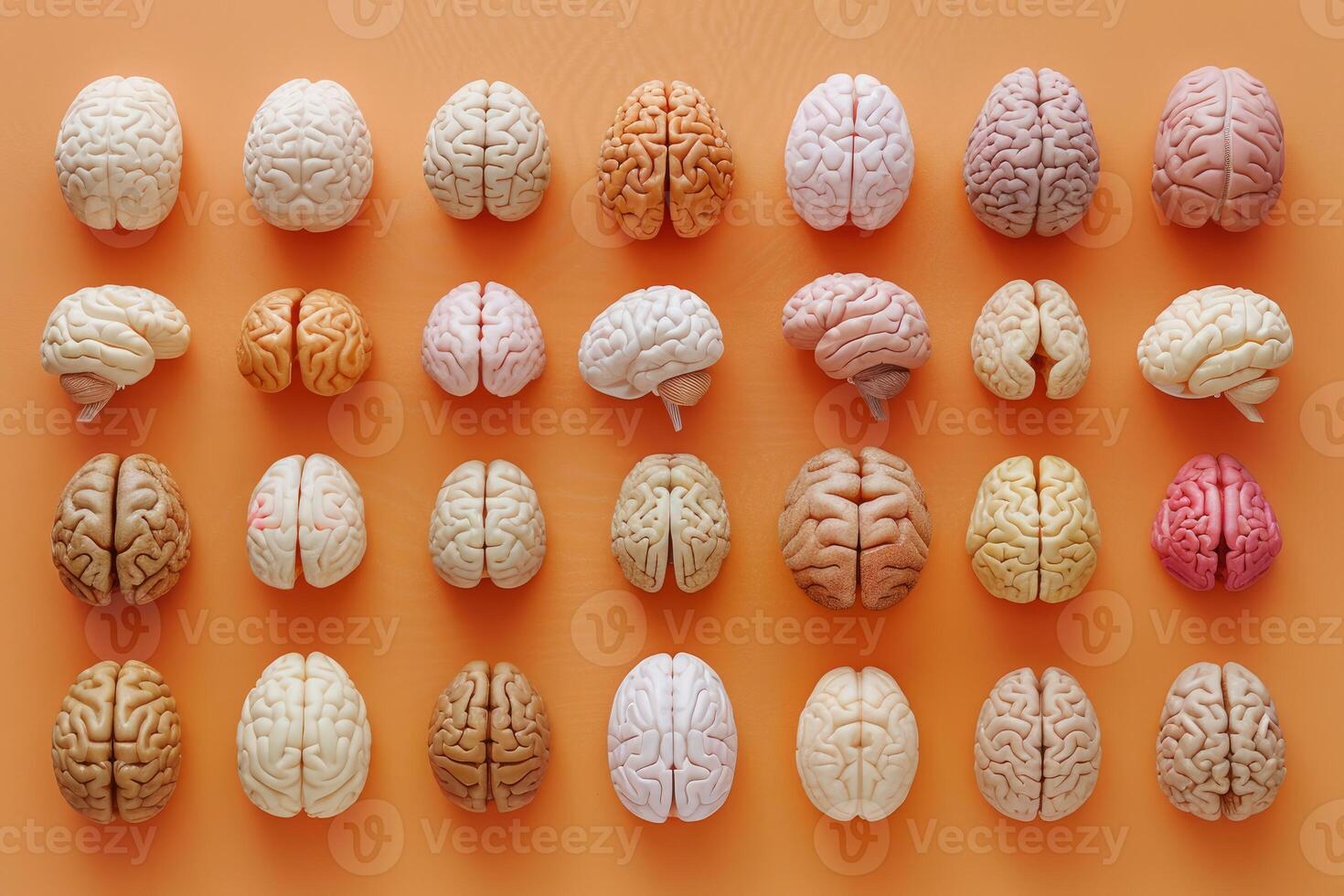 Multiple brains showing different colors and orientations on orange background photo