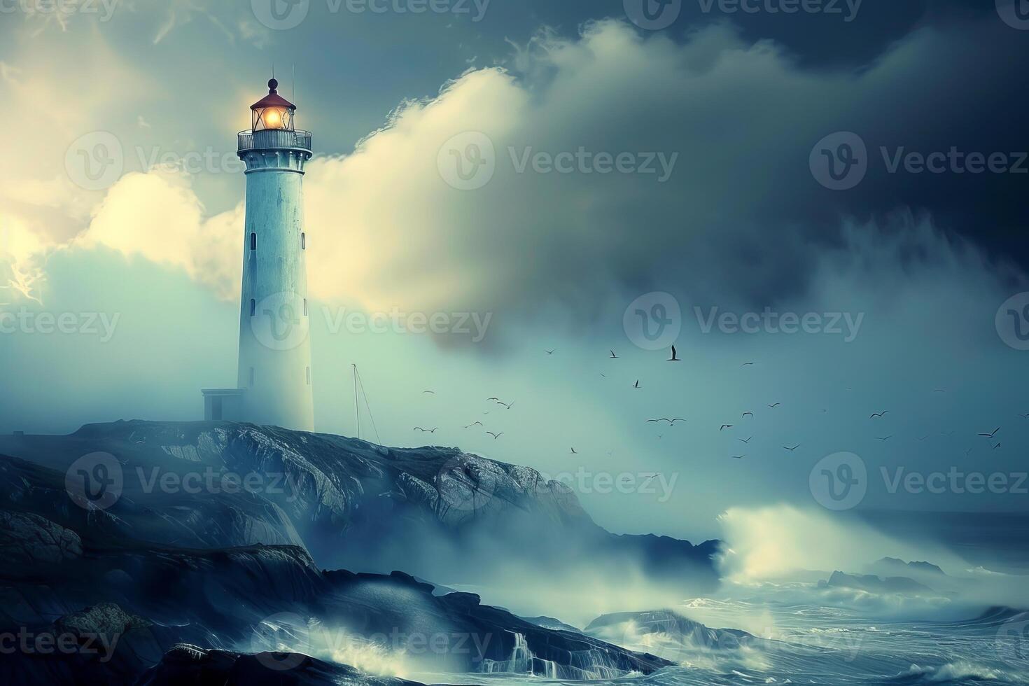 Lighthouse guiding ships through stormy seas and cloudy sky photo
