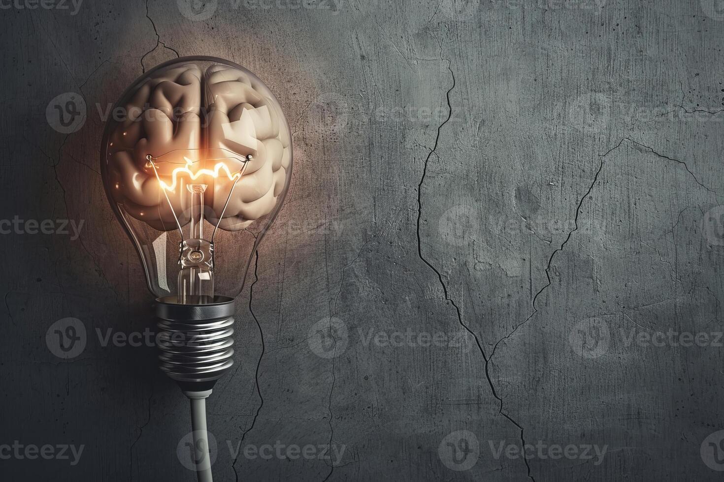 Brain generating ideas inside light bulb in front of concrete wall photo