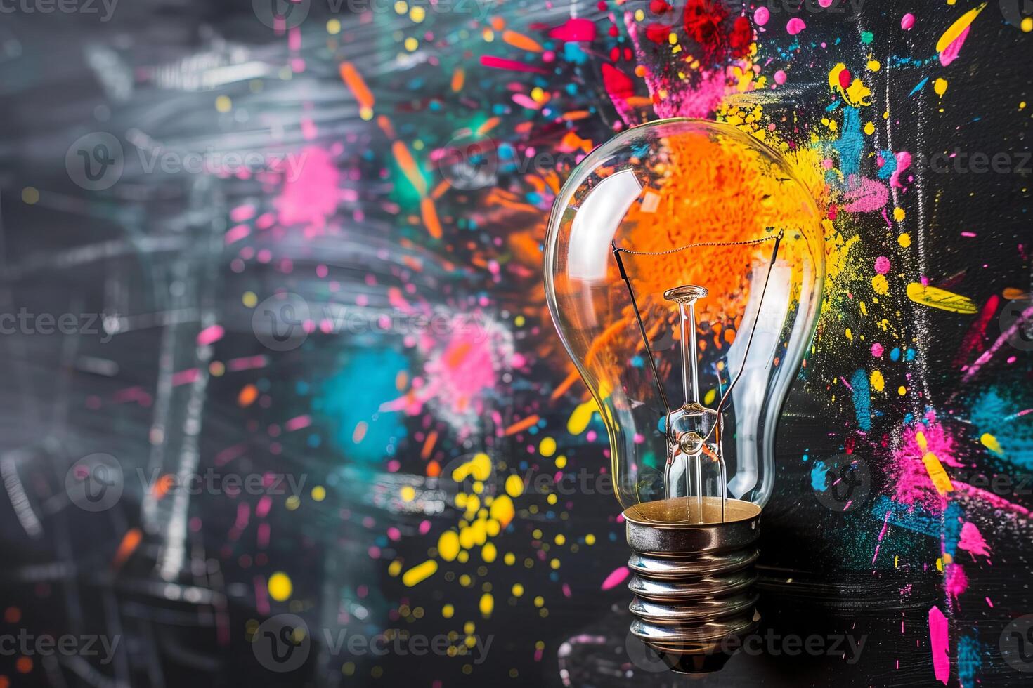 Light bulb exploding with colorful ideas on a splattered background photo