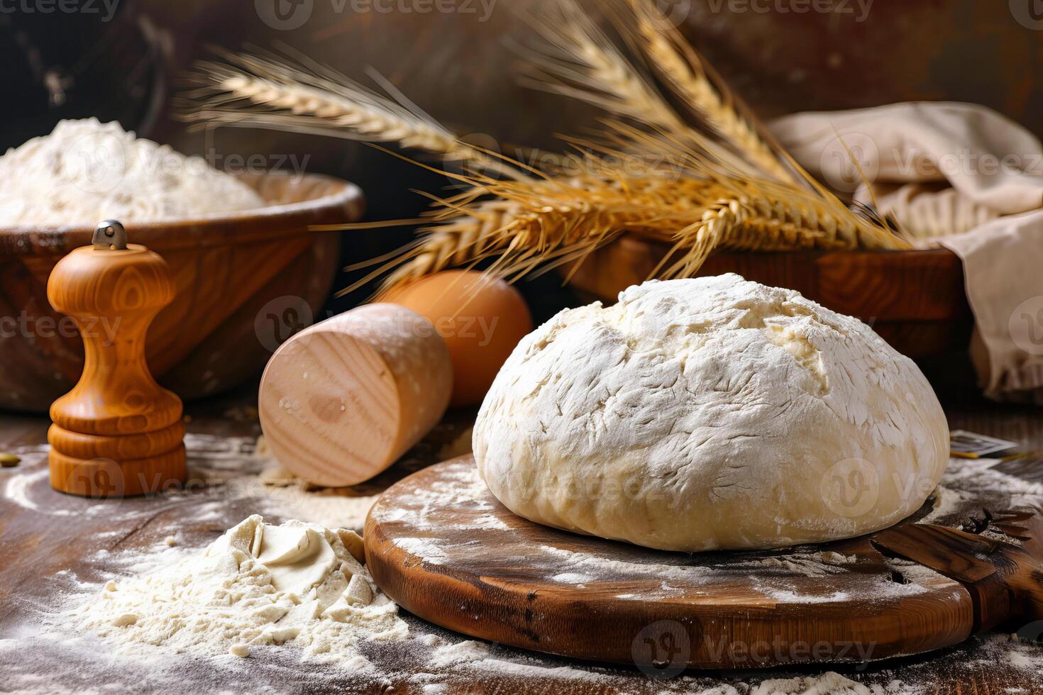 Fresh dough resting on wooden board with wheat ears and flour on rustic table photo