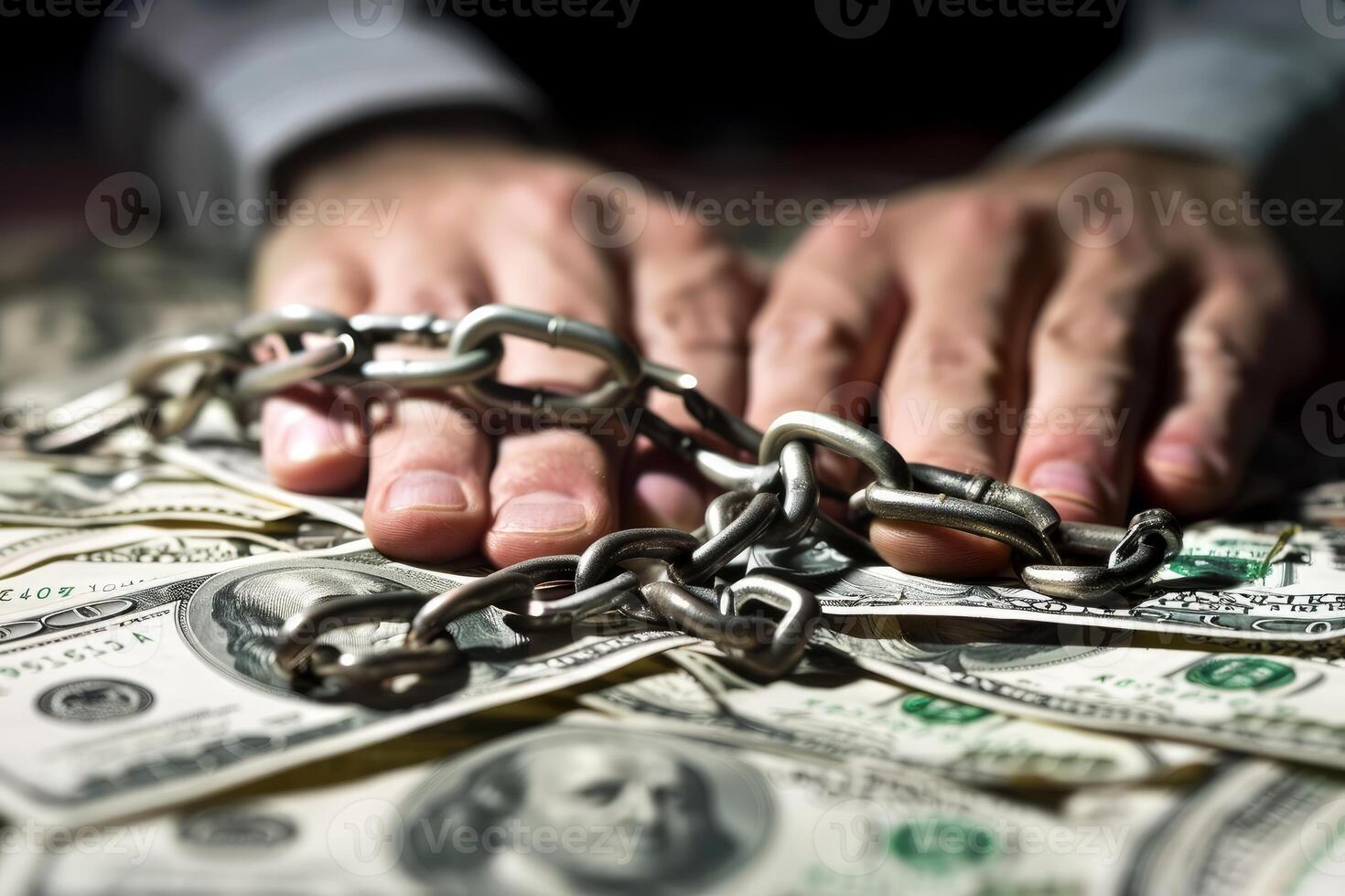 Businessman hands chained to pile of dollar bills symbolizing financial dependence photo