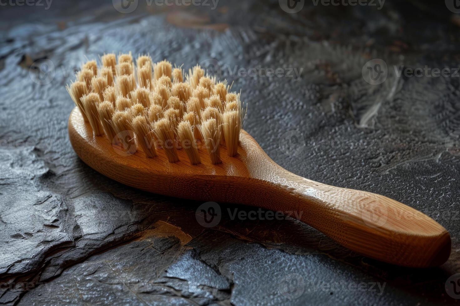 Natural bristle brush with wooden handle resting on dark stone surface photo