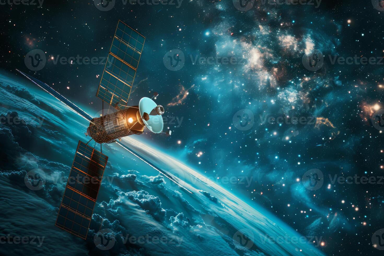 Space station orbiting earth with solar panels deployed in deep space photo
