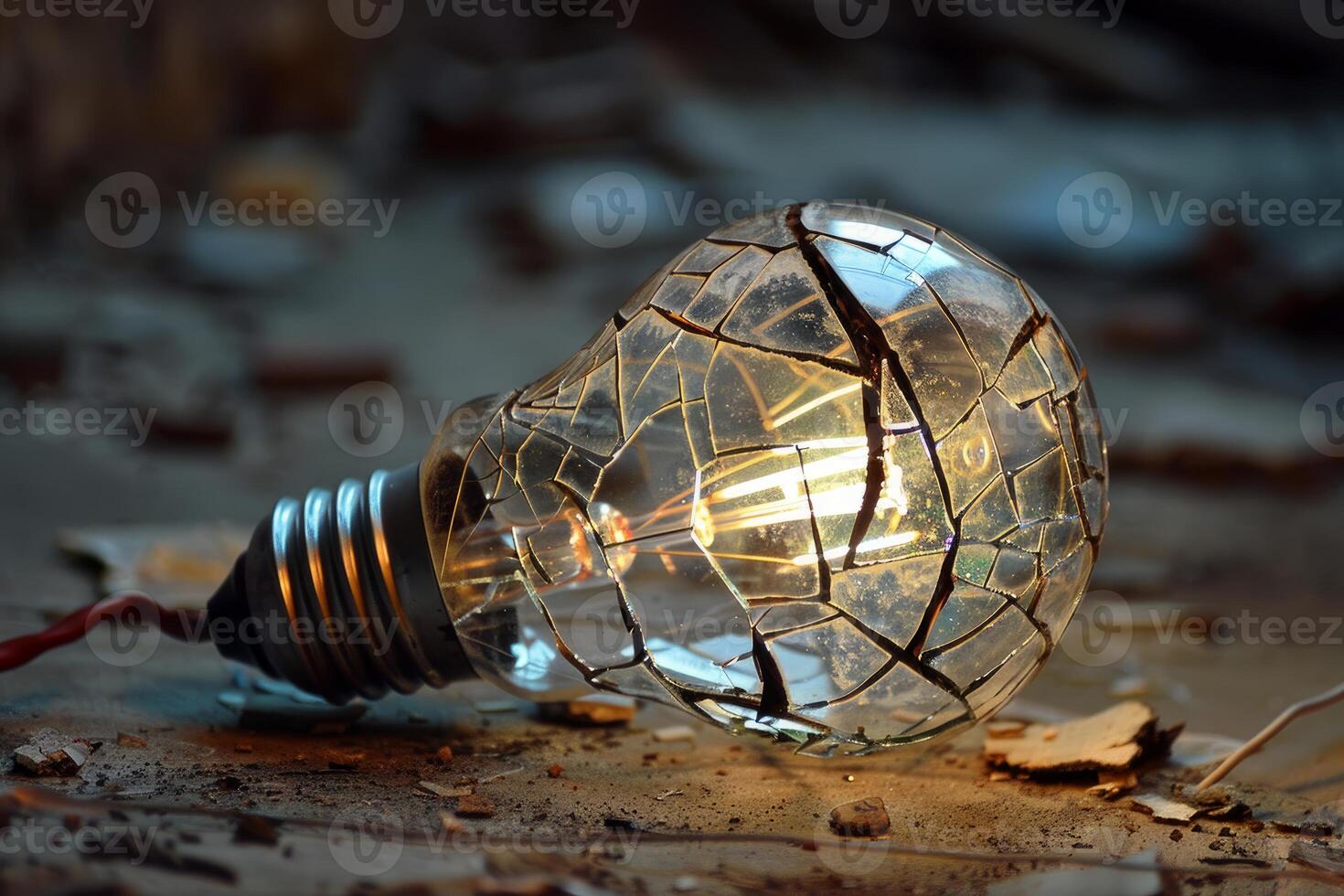 Broken lightbulb still emitting light in abandoned building photo