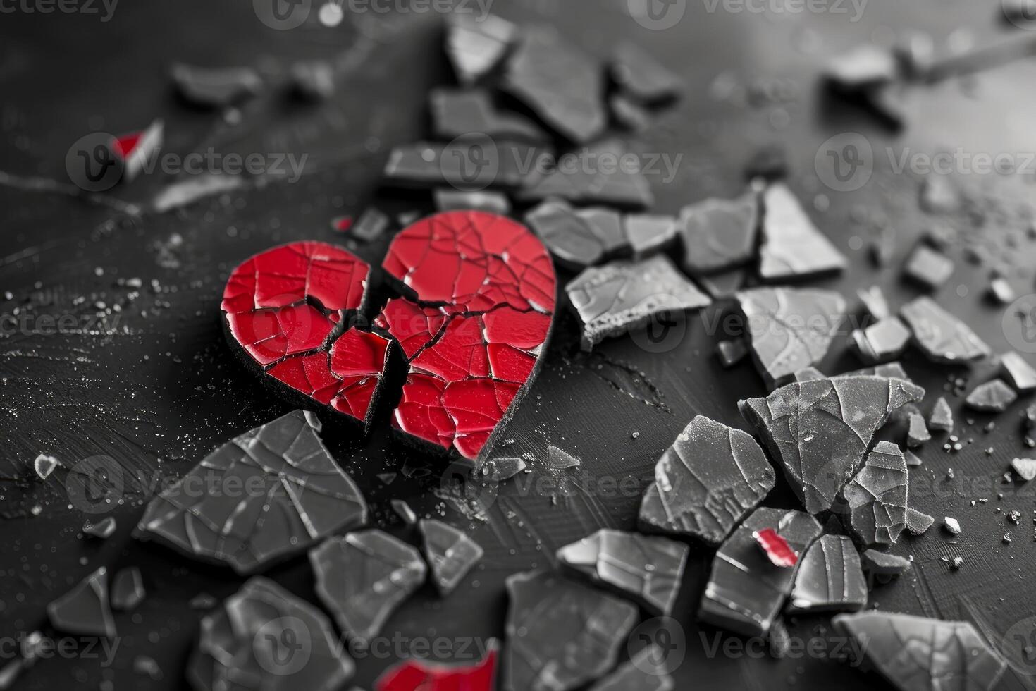 Broken red heart and scattered grey shards symbolizing lost love and heartbreak photo