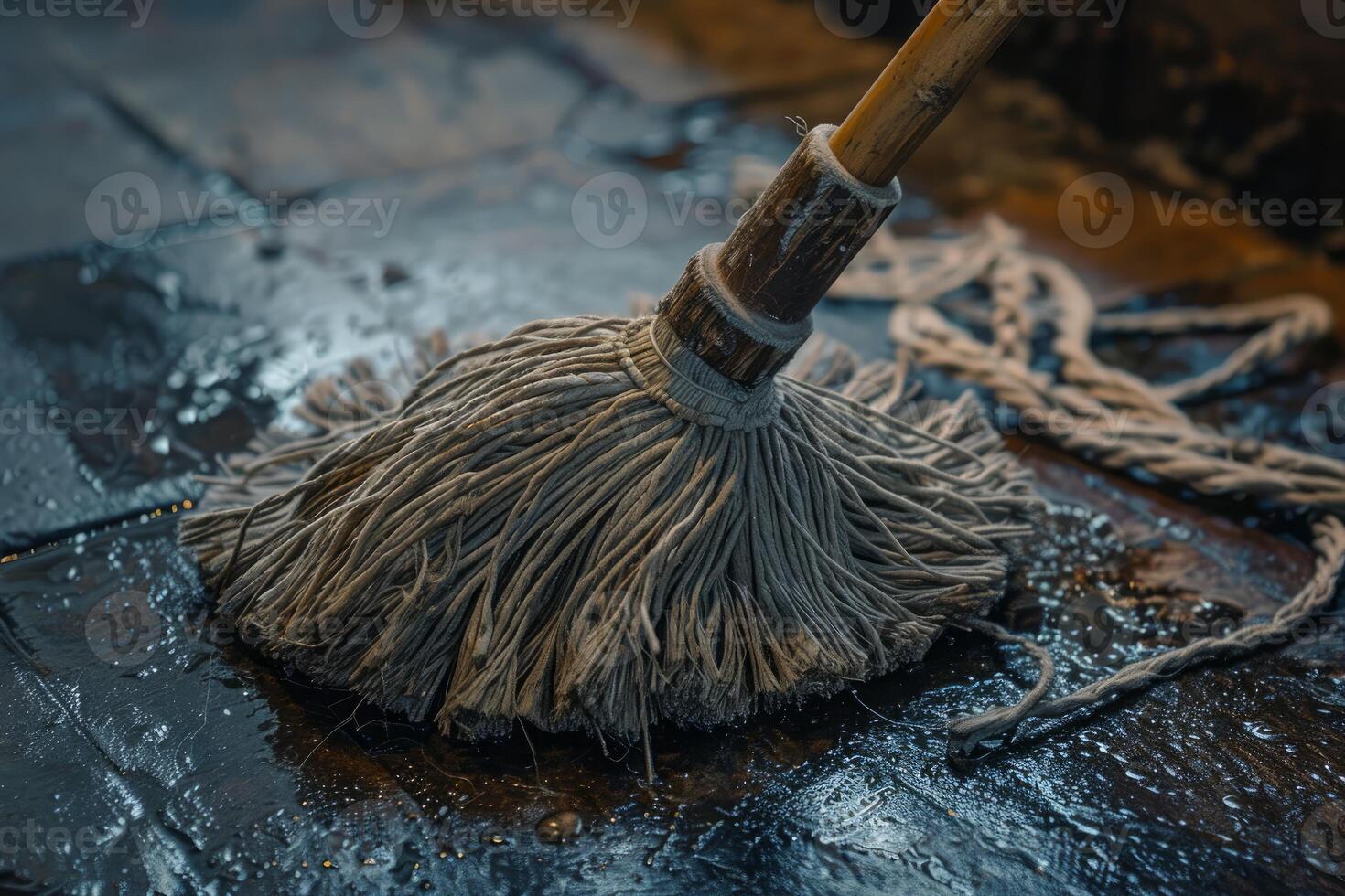 Wet mop cleaning stone floor with soapy water photo