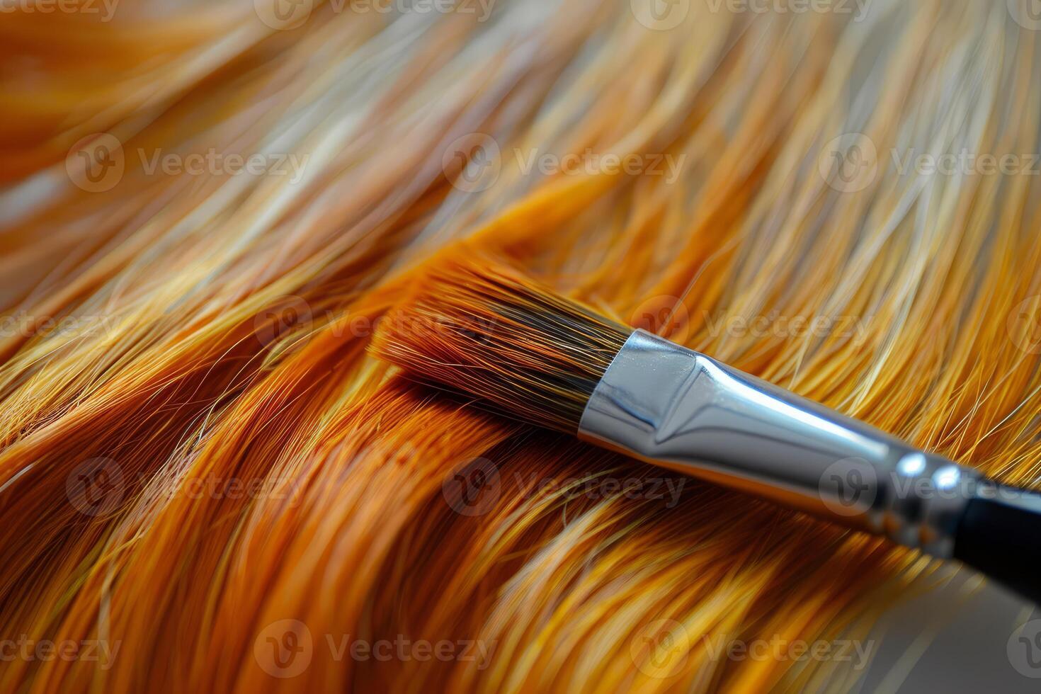 Hairdresser applying dye with brush on red hair, photo