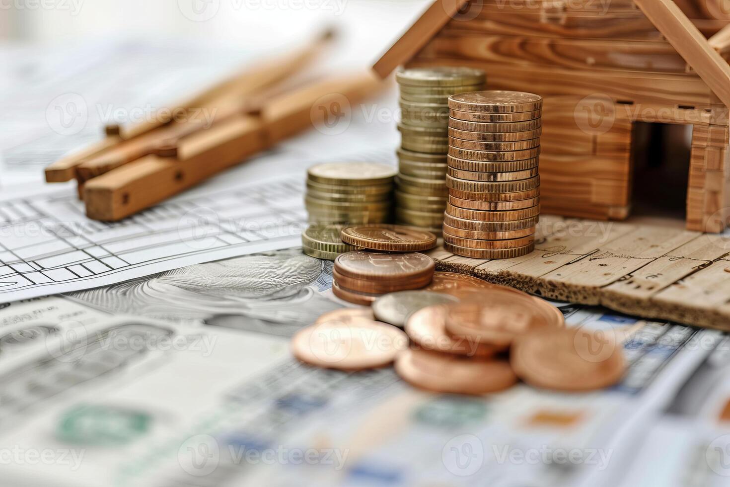 Stacks of coins beside miniature wooden house on top of blueprint and us dollar bills symbolizing property investment photo
