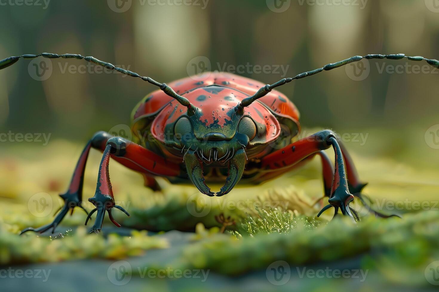 Red and black beetle crawling on moss in a forest, photo