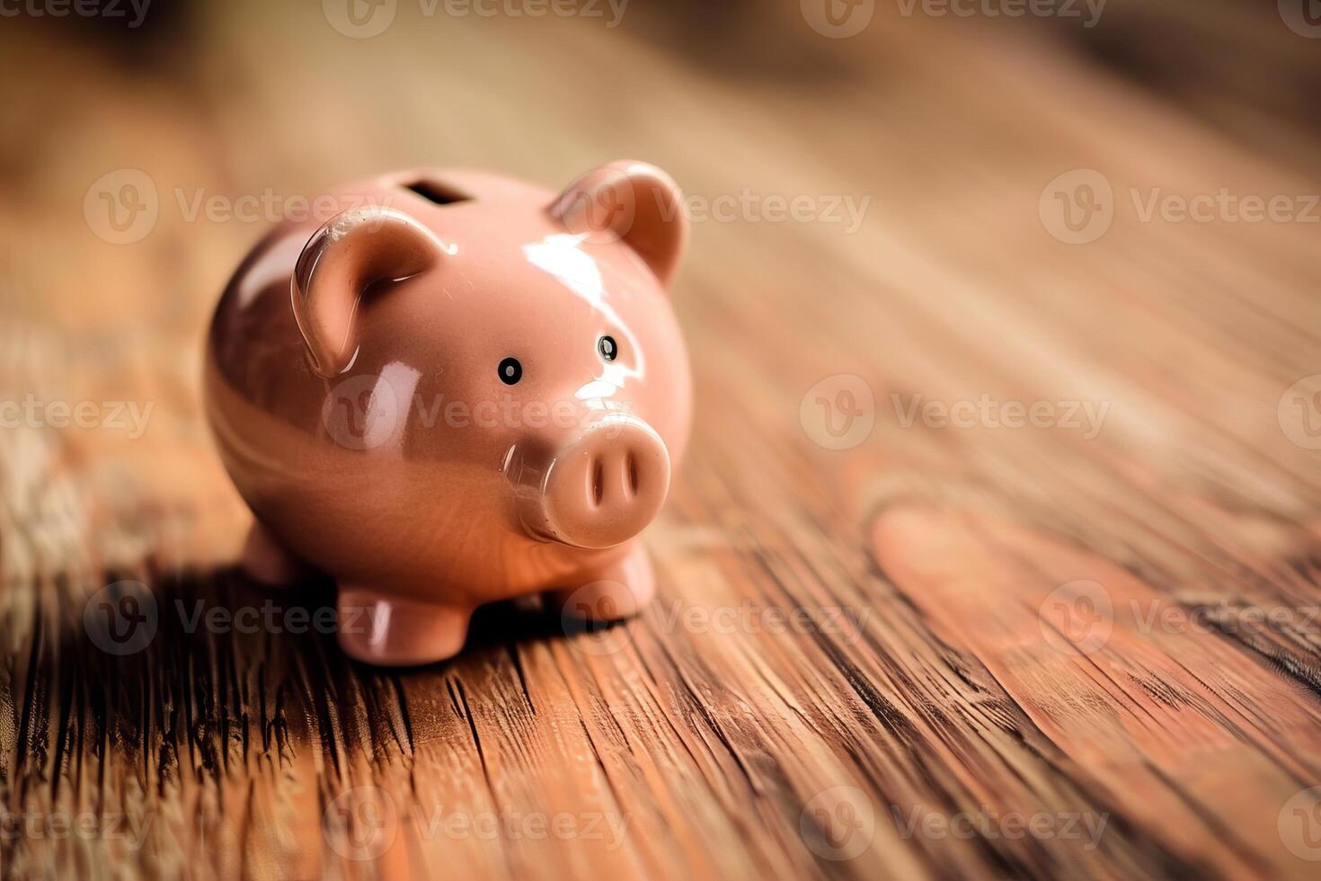 Piggy bank sitting on rustic wooden table symbolizing savings and investment photo