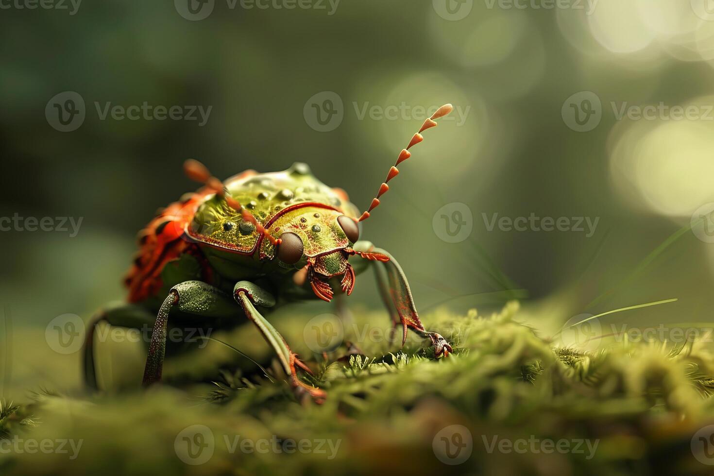 Colorful beetle exploring lush mossy habitat in nature photo