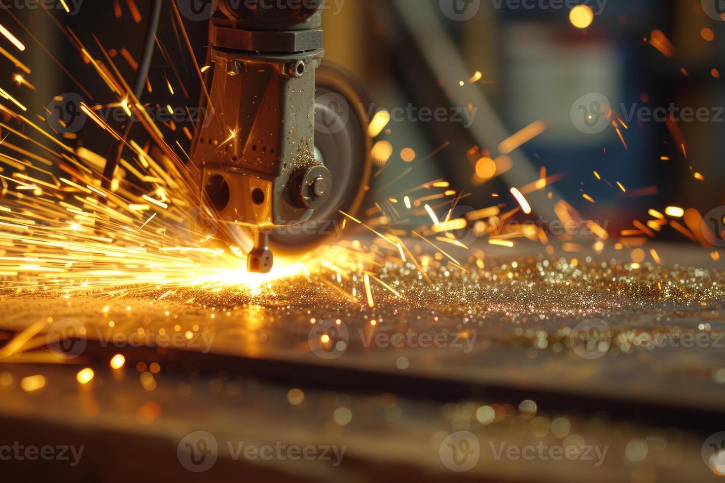 Industrial laser cutter creating sparks while cutting metal sheet photo