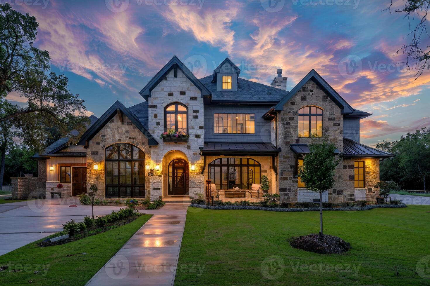 Luxury stone and siding home exterior at dusk with illuminated windows photo
