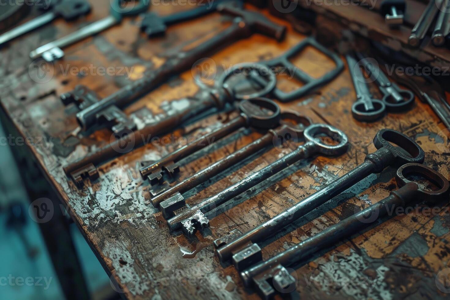 Old keys resting on a weathered workbench in a workshop photo