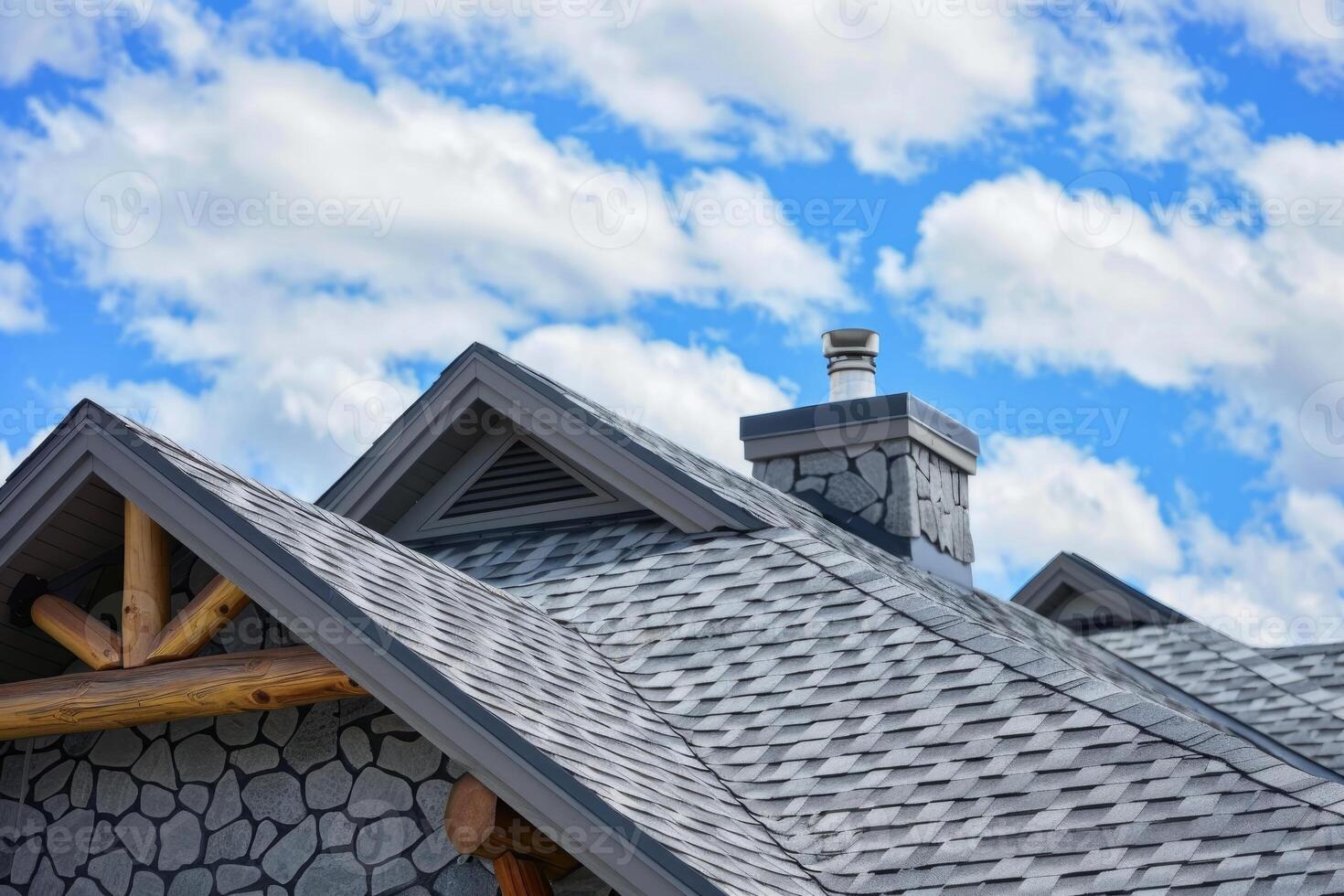 Modern asphalt shingle roof with chimney and blue sky photo