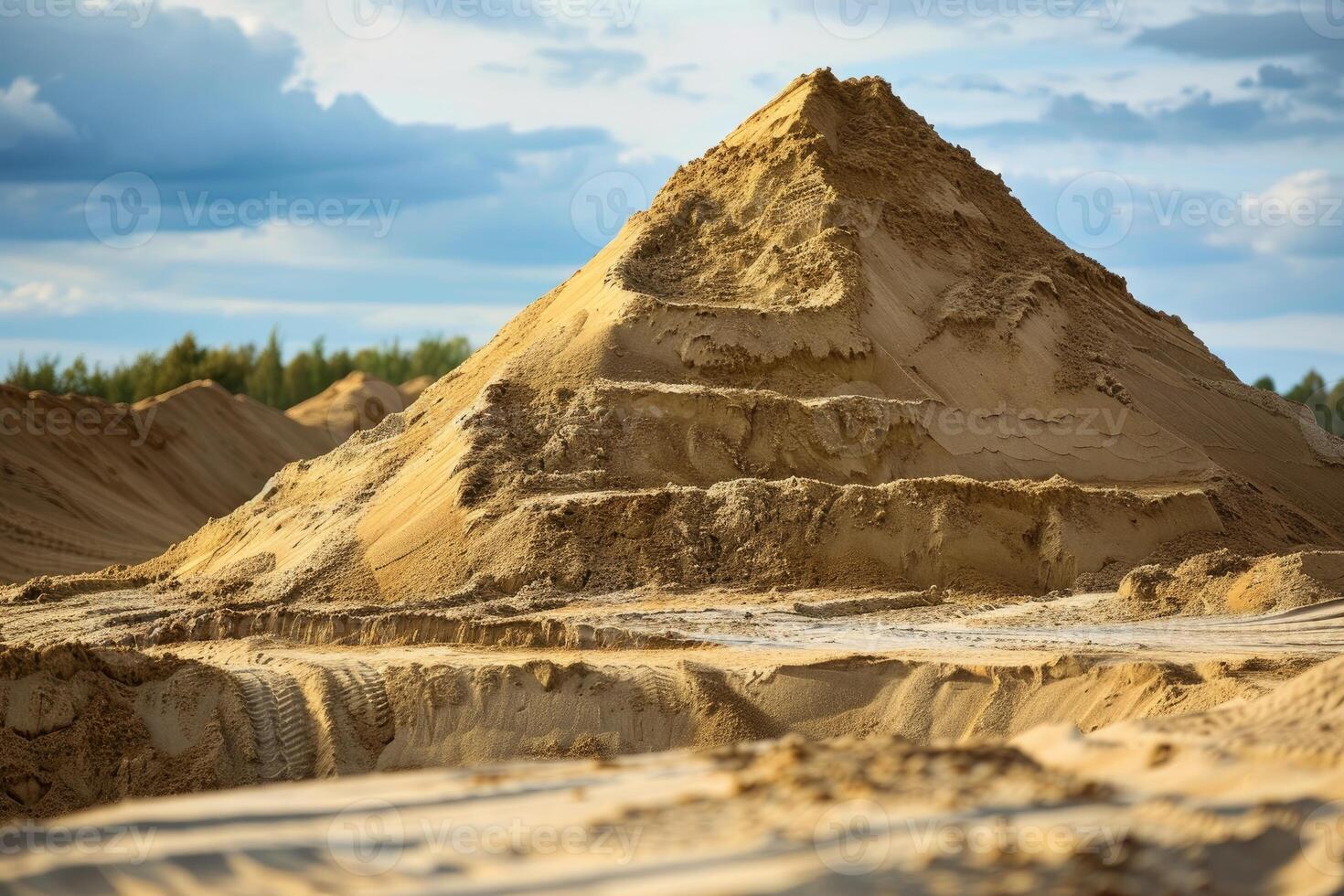 Large pile of sand resembling a pyramid in a sand quarry under cloudy sky photo