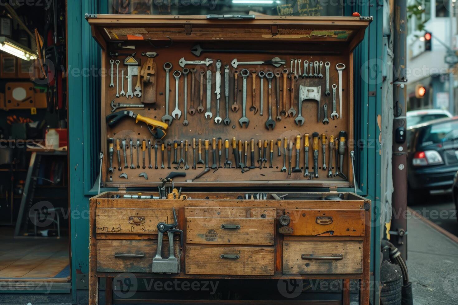 Wooden toolbox with variety of tools displayed on wall in workshop photo