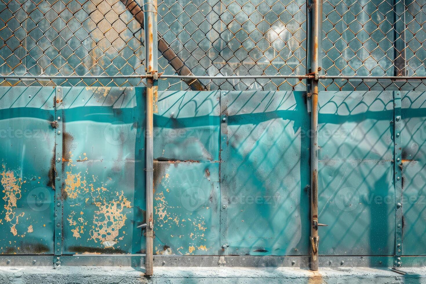 Rusty chain link fence protecting weathered turquoise metal wall photo