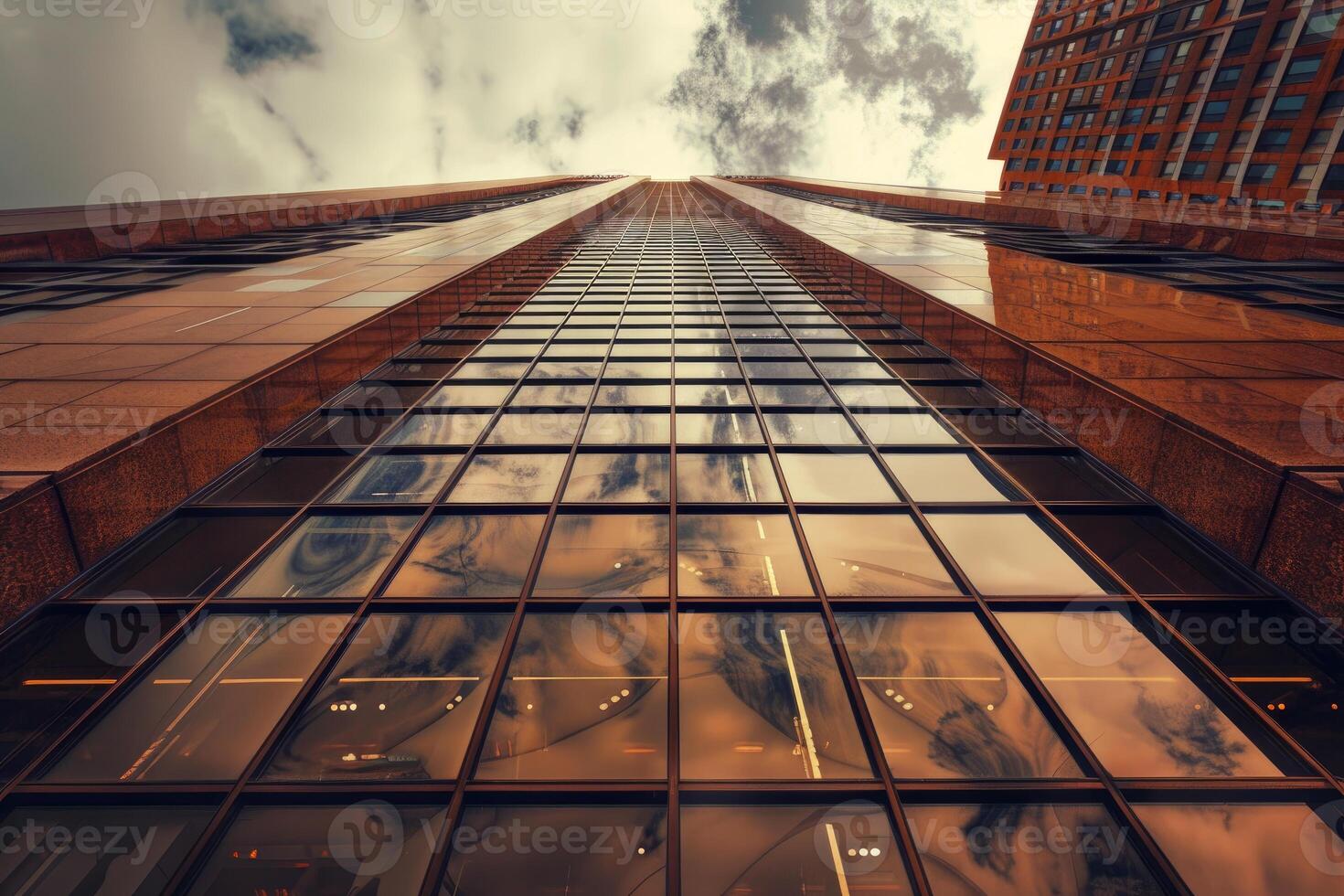 Modern skyscraper reflecting clouds in glass facade photo