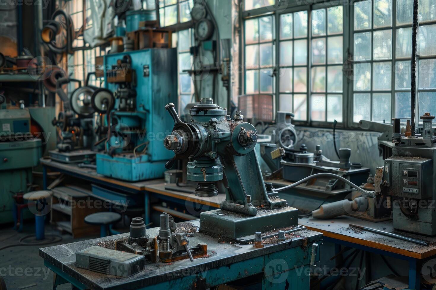 Old industrial machines gathering dust in abandoned factory photo