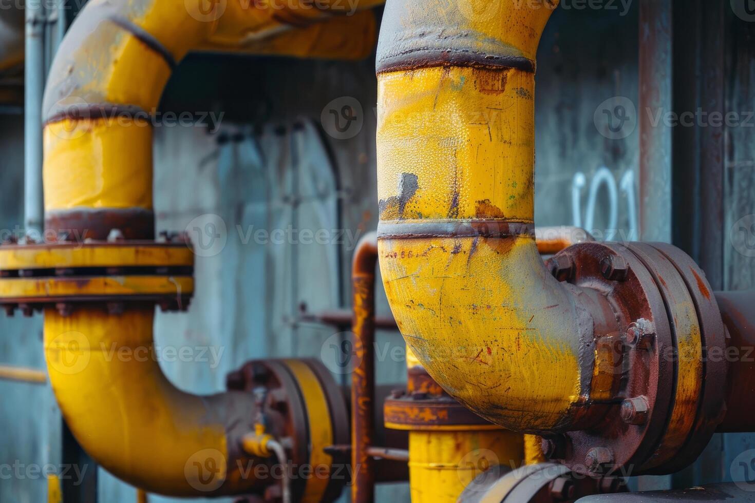 Yellow gas pipes showing signs of rust and corrosion in industrial setting photo