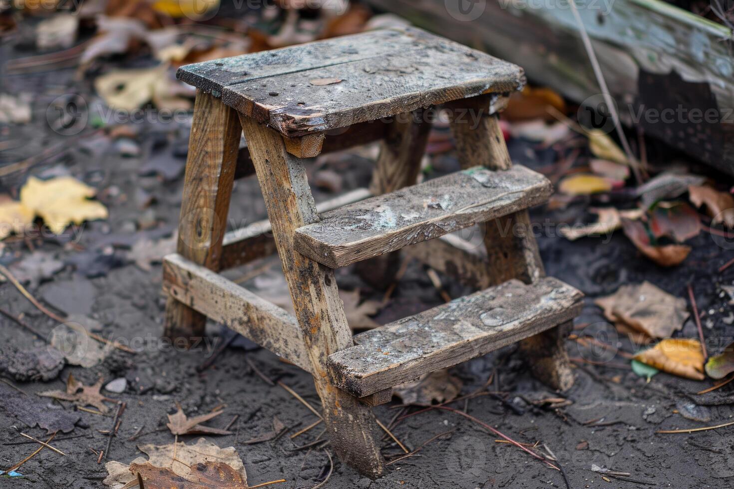 Small wooden step stool sitting on muddy ground in the fall photo
